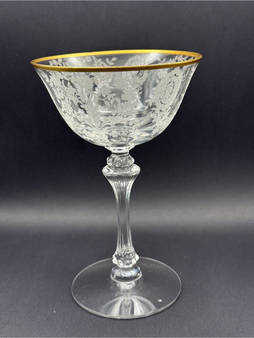 Tiffin Franciscan Etched Coupe with Gold Rim - June Night